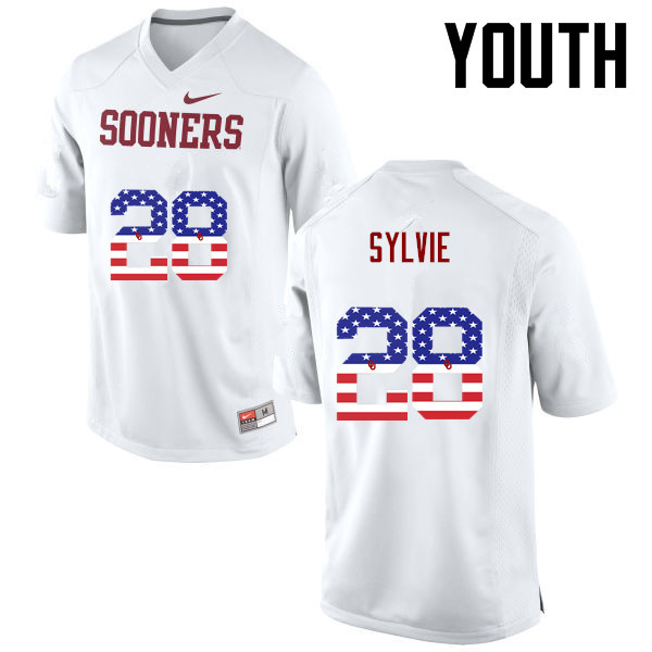 Youth Oklahoma Sooners #28 Chanse Sylvie College Football USA Flag Fashion Jerseys-White - Click Image to Close